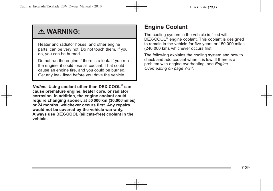 Engine coolant, Engine coolant -29, Warning | Cadillac 2010 Escalade User Manual | Page 477 / 620