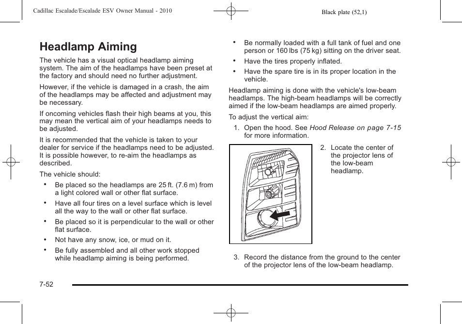 Headlamp aiming, Headlamp aiming -52 | Cadillac 2010 Escalade User Manual | Page 500 / 620