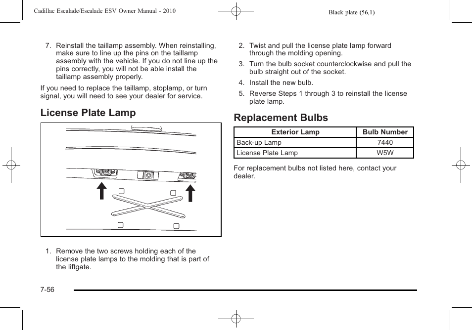 License plate lamp, Replacement bulbs, Plate lamp -56 replacement bulbs -56 | Cadillac 2010 Escalade User Manual | Page 504 / 620