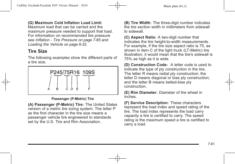 Tire size | Cadillac 2010 Escalade User Manual | Page 509 / 620