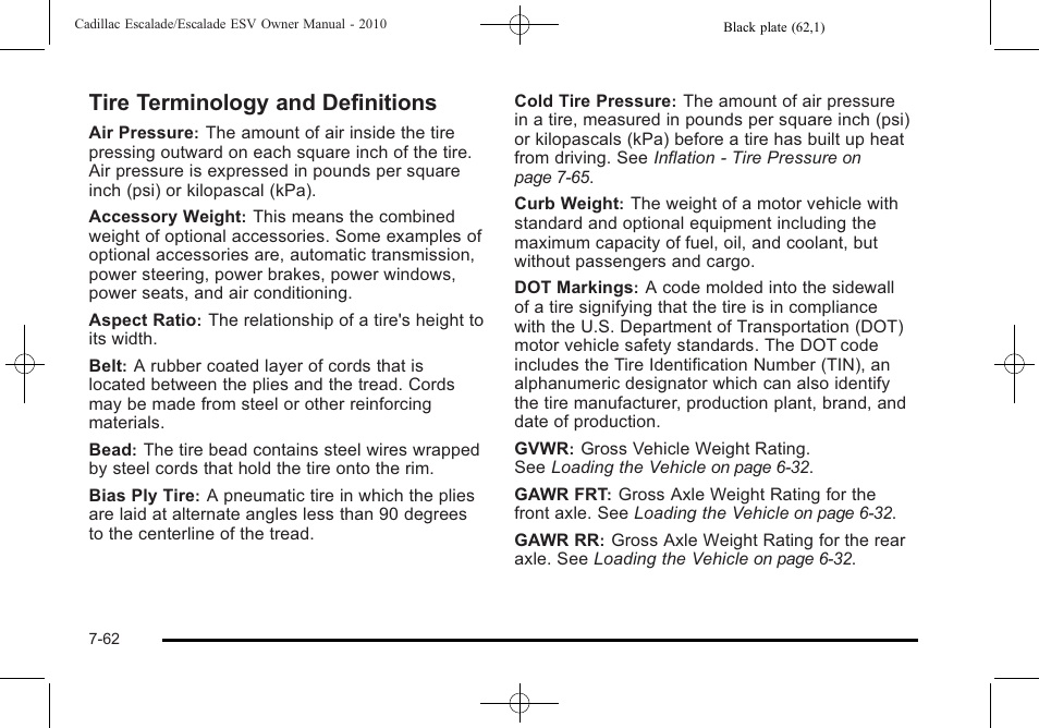 Tire terminology and definitions, Tire terminology and definitions -62 | Cadillac 2010 Escalade User Manual | Page 510 / 620