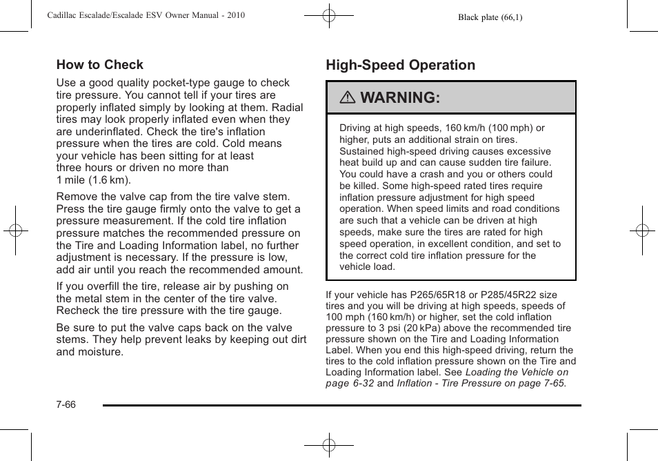 High-speed operation, High-speed operation -66, Warning | Cadillac 2010 Escalade User Manual | Page 514 / 620