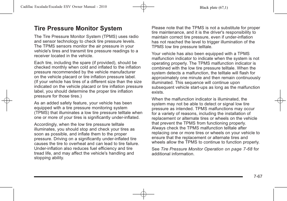 Tire pressure monitor system, Tire pressure monitor system -67 | Cadillac 2010 Escalade User Manual | Page 515 / 620