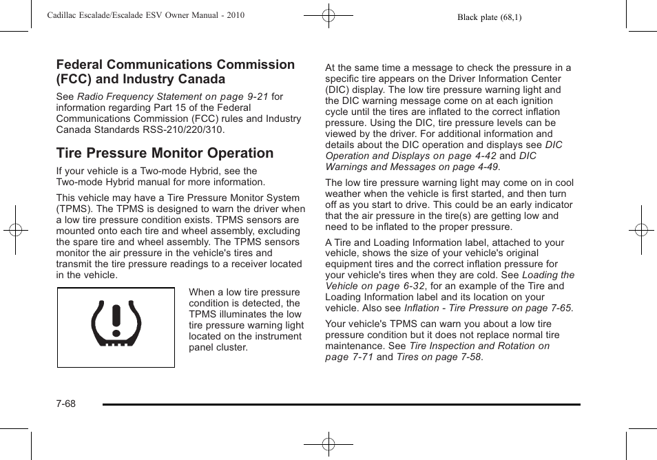 Tire pressure monitor operation, Tire pressure monitor operation -68 | Cadillac 2010 Escalade User Manual | Page 516 / 620
