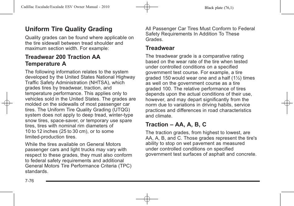 Uniform tire quality grading, Uniform tire quality grading -76, Finish | Cadillac 2010 Escalade User Manual | Page 524 / 620