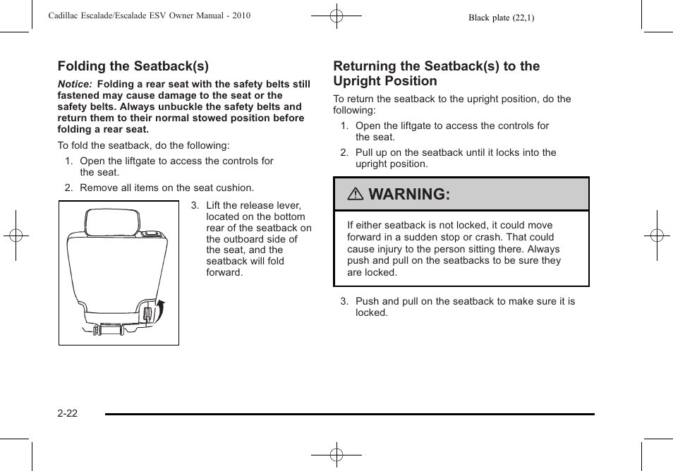 Warning, Folding the seatback(s), Returning the seatback(s) to the upright position | Cadillac 2010 Escalade User Manual | Page 54 / 620