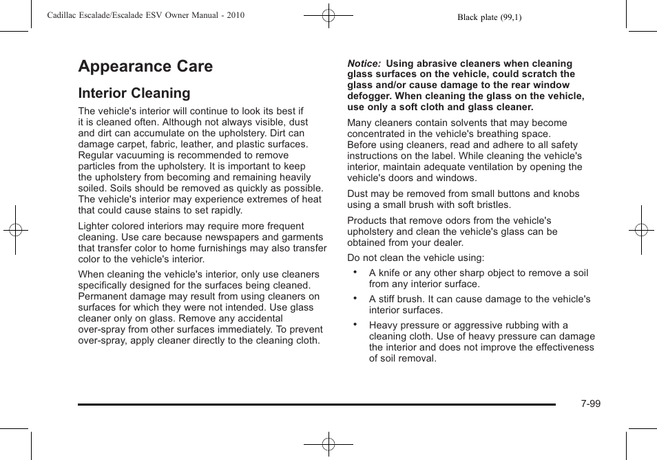 Appearance care, Interior cleaning, Care -99 | Interior cleaning -99 | Cadillac 2010 Escalade User Manual | Page 547 / 620