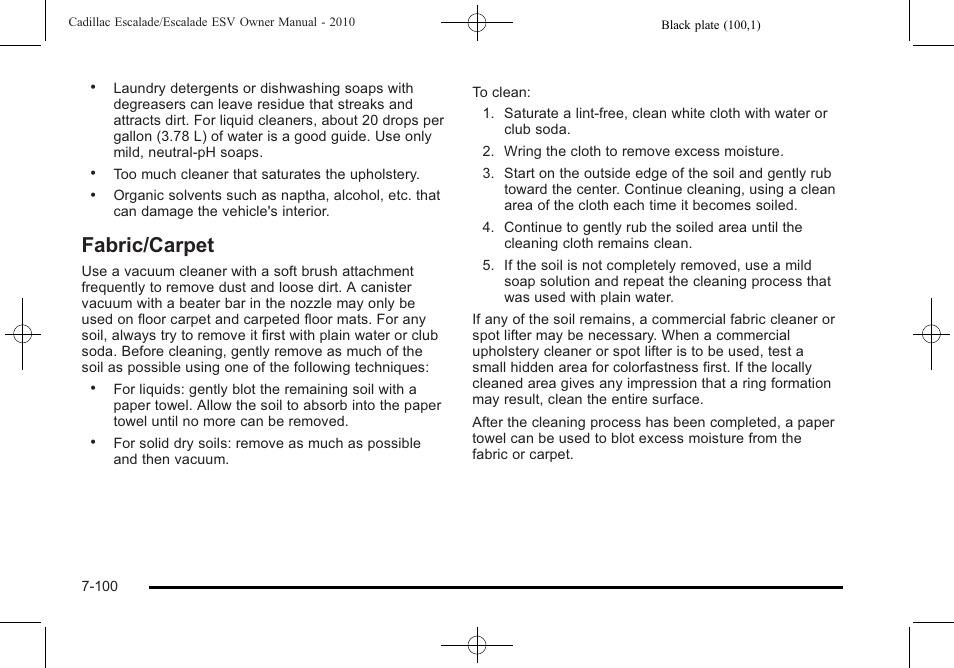 Fabric/carpet, Fabric/carpet -100 | Cadillac 2010 Escalade User Manual | Page 548 / 620