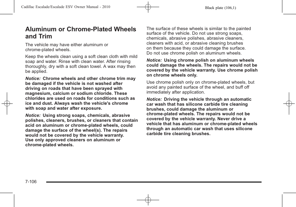 Aluminum or chrome-plated wheels and trim, Aluminum or chrome-plated wheels, And trim -106 | Cadillac 2010 Escalade User Manual | Page 554 / 620