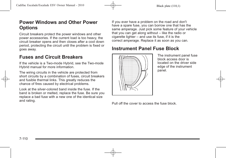 Power windows and other power options, Fuses and circuit breakers, Instrument panel fuse block | Instrument panel fuse block -110 | Cadillac 2010 Escalade User Manual | Page 558 / 620