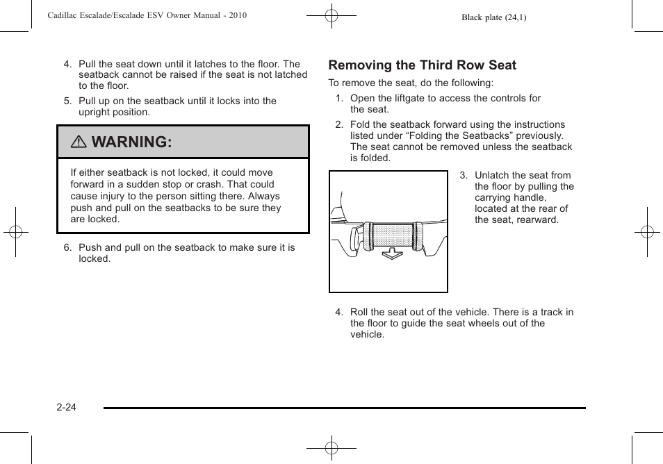 Warning, Removing the third row seat | Cadillac 2010 Escalade User Manual | Page 56 / 620