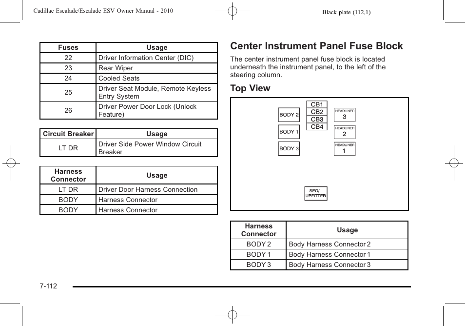 Center instrument panel fuse block, Center instrument panel fuse block -112, Top view | Cadillac 2010 Escalade User Manual | Page 560 / 620