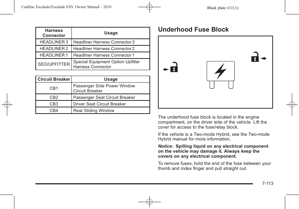 Underhood fuse block, Underhood fuse block -113 | Cadillac 2010 Escalade User Manual | Page 561 / 620