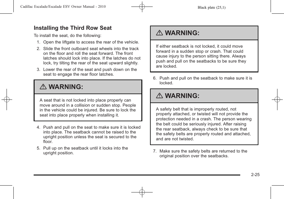 Warning | Cadillac 2010 Escalade User Manual | Page 57 / 620