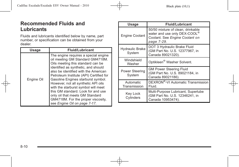 Recommended fluids and lubricants, Recommended fluids and lubricants -10 | Cadillac 2010 Escalade User Manual | Page 576 / 620