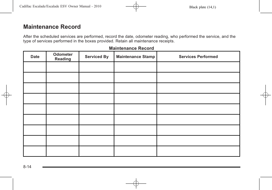 Maintenance record, Record -14 | Cadillac 2010 Escalade User Manual | Page 580 / 620