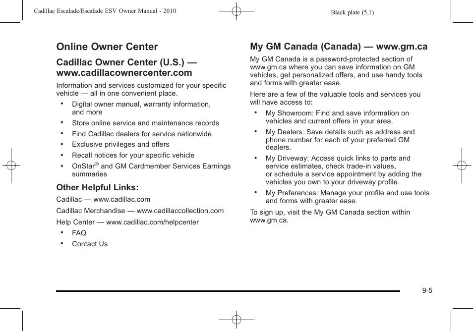 Online owner center, Online owner center -5, Other helpful links | Cadillac 2010 Escalade User Manual | Page 587 / 620