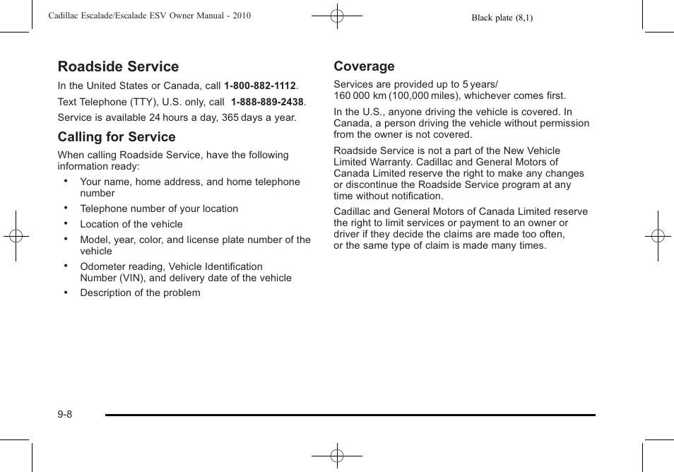 Roadside service, Roadside service -8, Vehicle data recording and privacy | Calling for service, Coverage | Cadillac 2010 Escalade User Manual | Page 590 / 620