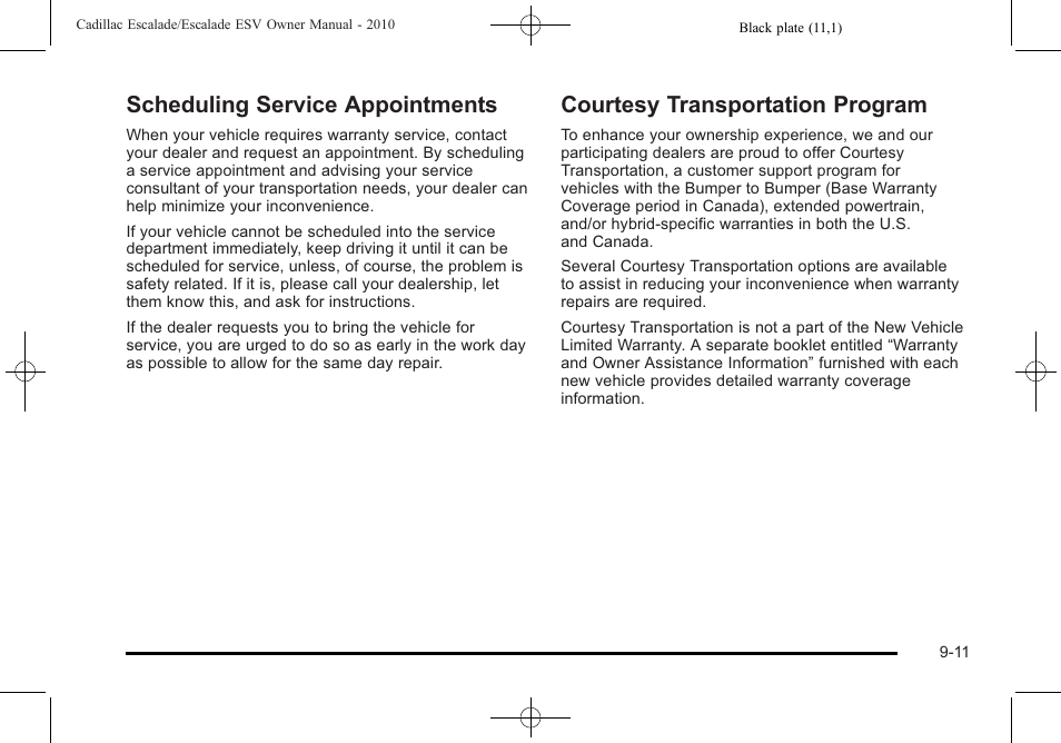 Scheduling service appointments, Courtesy transportation program | Cadillac 2010 Escalade User Manual | Page 593 / 620