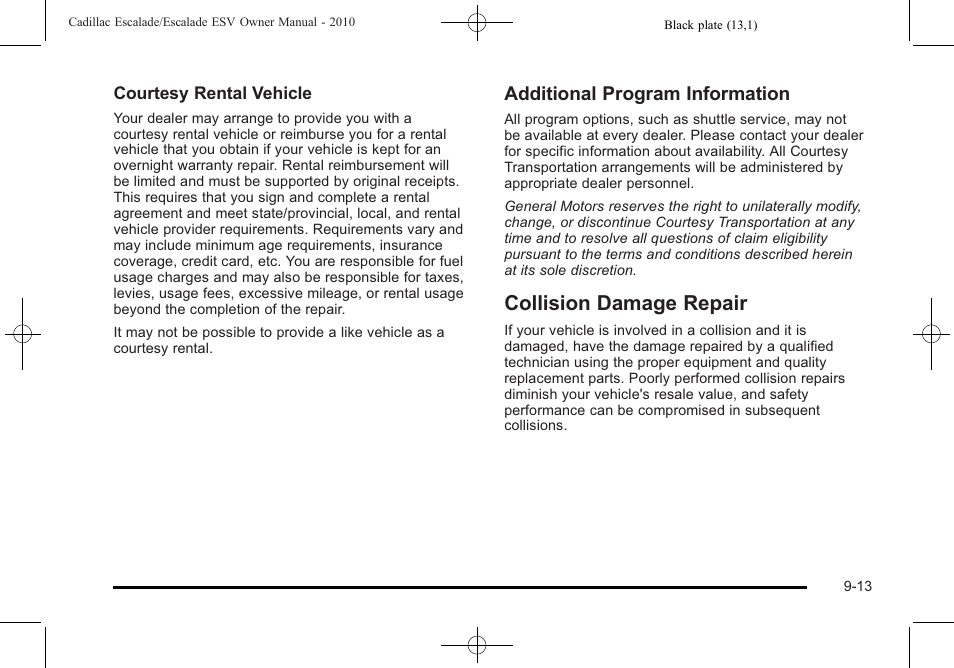 Collision damage repair, Collision damage repair -13, Navigation | Additional program information | Cadillac 2010 Escalade User Manual | Page 595 / 620