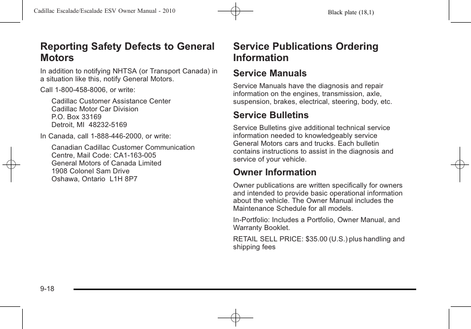 Reporting safety defects to general motors, Service publications ordering information, Service manuals | Service bulletins, Owner information | Cadillac 2010 Escalade User Manual | Page 600 / 620