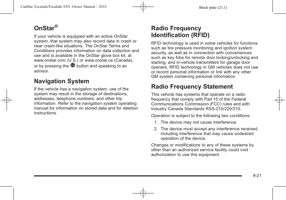 Onstar, Navigation system, Radio frequency identification (rfid) | Radio frequency statement | Cadillac 2010 Escalade User Manual | Page 603 / 620