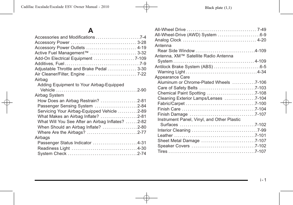 Index, Index_a | Cadillac 2010 Escalade User Manual | Page 605 / 620