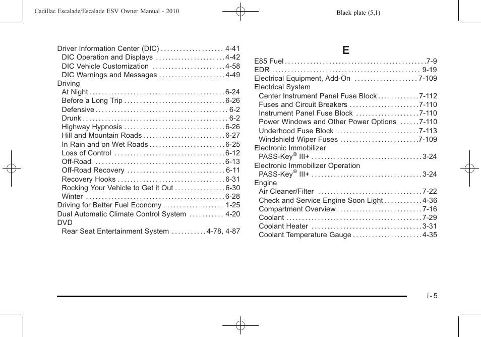 Index_e | Cadillac 2010 Escalade User Manual | Page 609 / 620