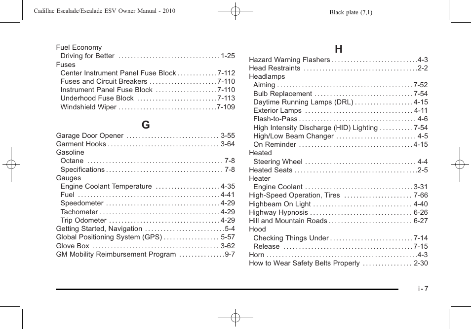 Index_g, Index_h | Cadillac 2010 Escalade User Manual | Page 611 / 620