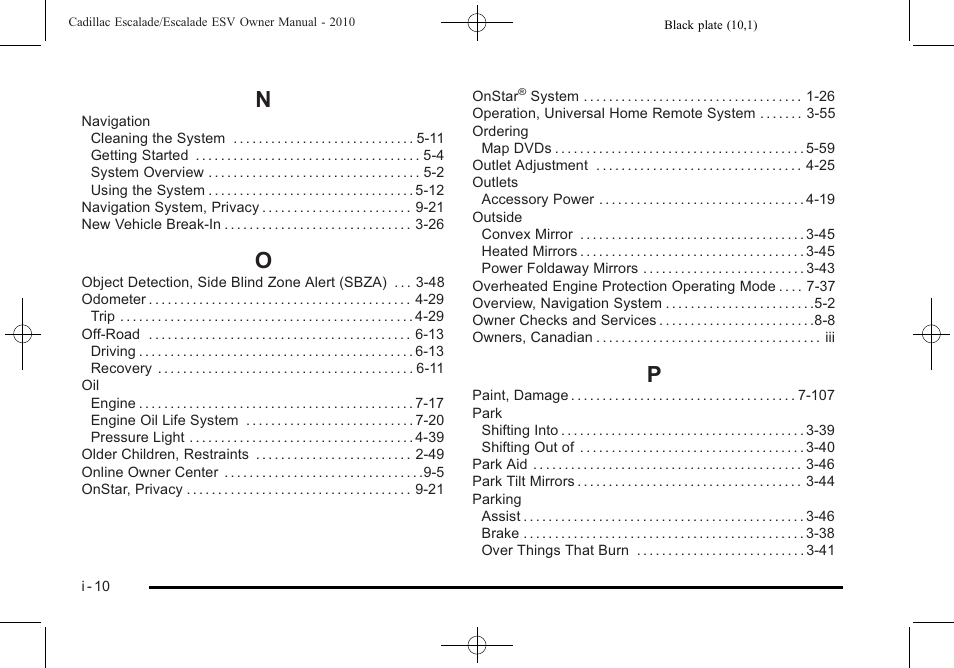 Index_n, Index_o, Index_p | Cadillac 2010 Escalade User Manual | Page 614 / 620