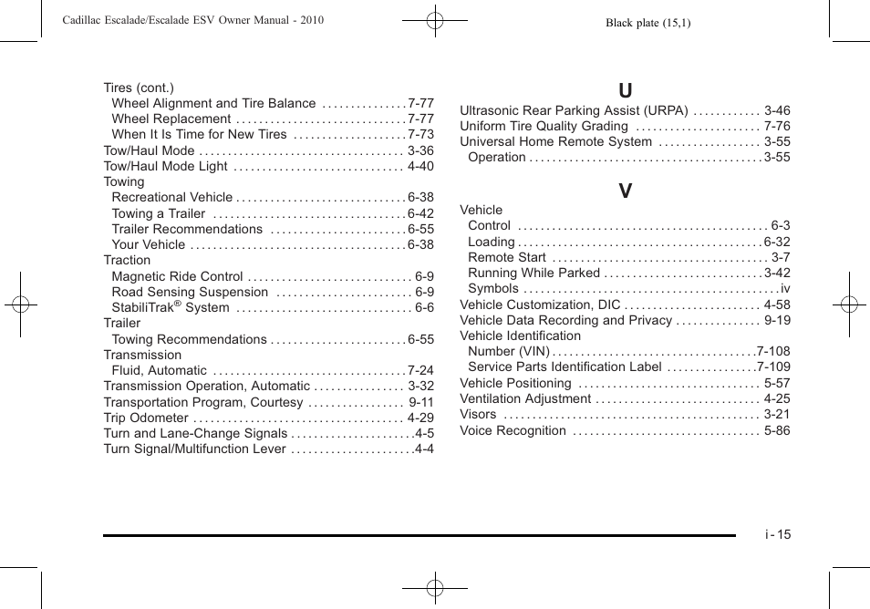 Index_u, Index_v | Cadillac 2010 Escalade User Manual | Page 619 / 620