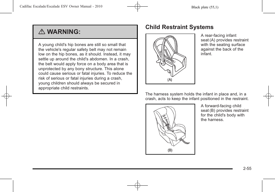 Child restraint systems, Child restraint systems -55, Warning | Cadillac 2010 Escalade User Manual | Page 87 / 620