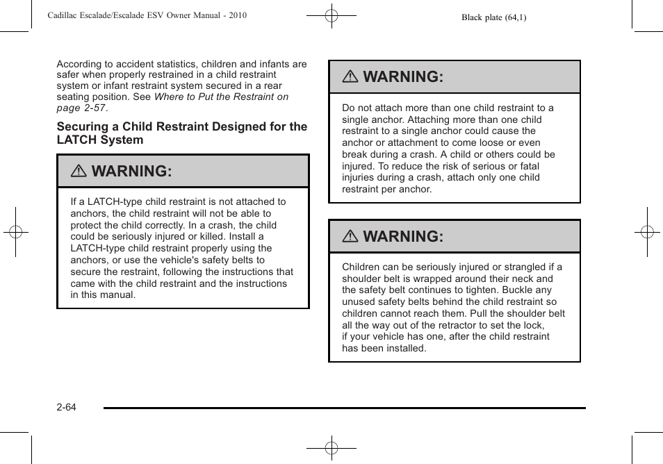 Warning | Cadillac 2010 Escalade User Manual | Page 96 / 620