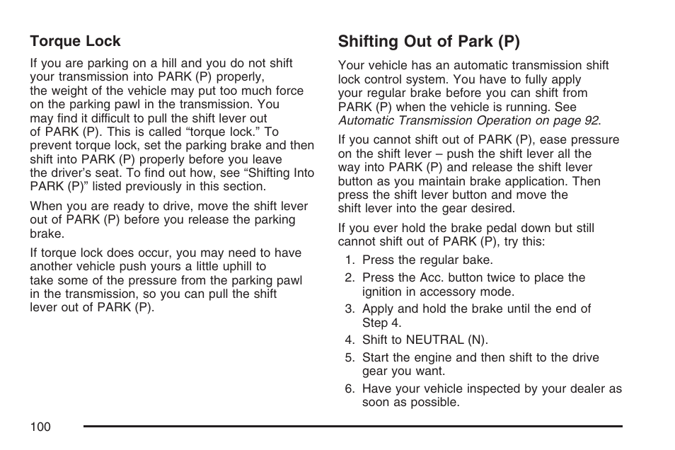 Shifting out of park (p), Torque lock | Cadillac 2007 XLR User Manual | Page 100 / 512