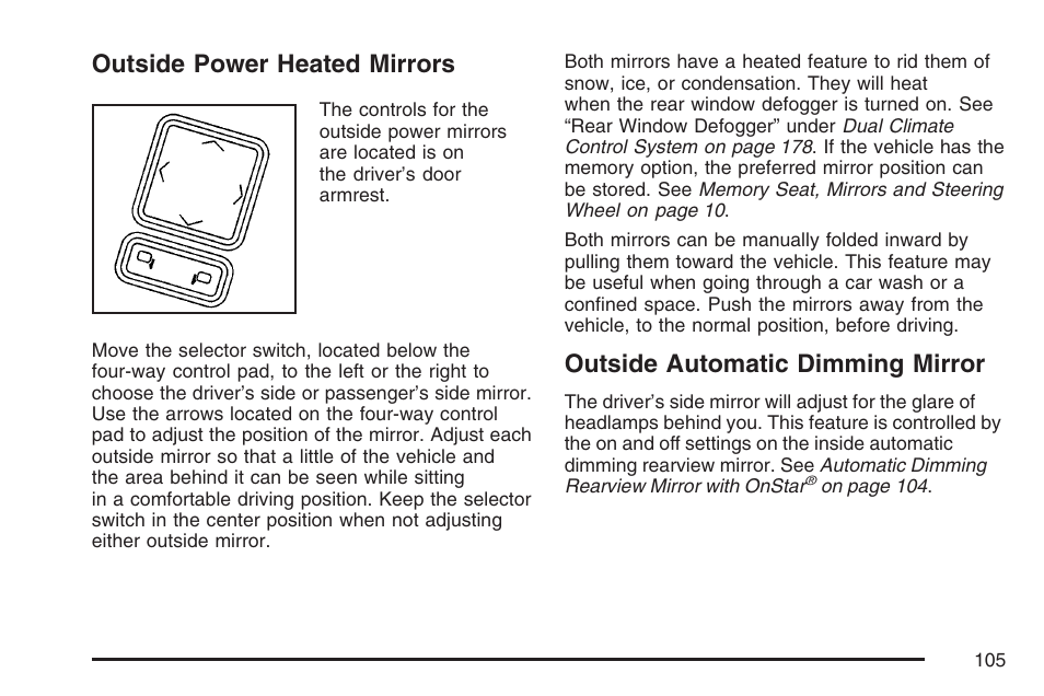 Outside power heated mirrors, Outside automatic dimming mirror | Cadillac 2007 XLR User Manual | Page 105 / 512