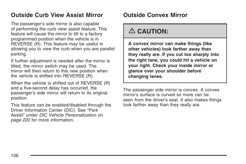 Outside curb view assist mirror, Outside convex mirror, Caution | Cadillac 2007 XLR User Manual | Page 106 / 512