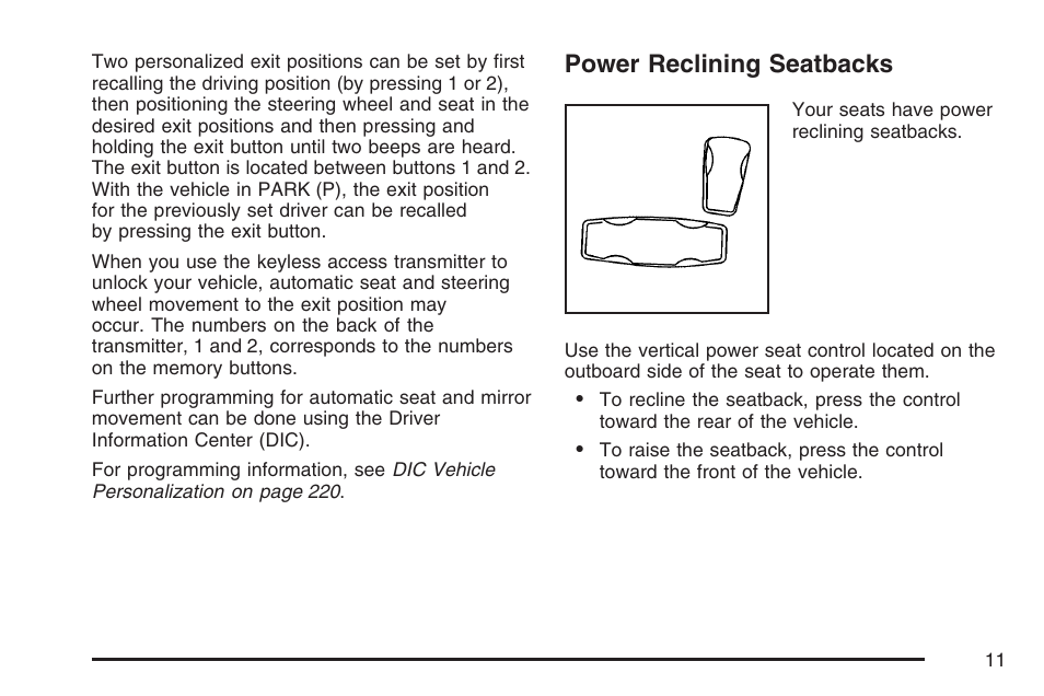 Power reclining seatbacks | Cadillac 2007 XLR User Manual | Page 11 / 512