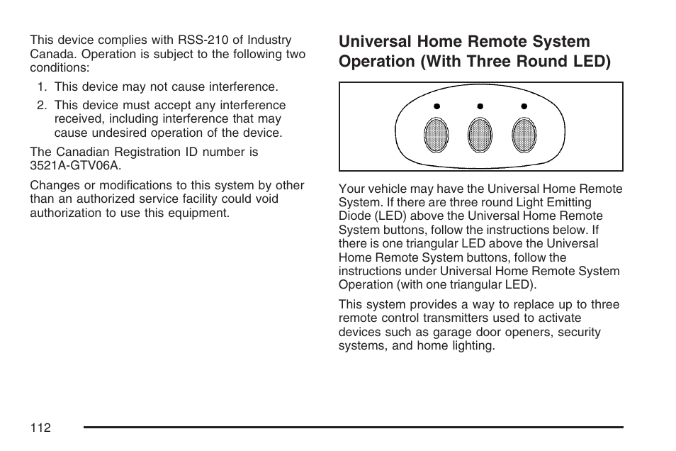 Universal home remote system, Operation (with three round led) | Cadillac 2007 XLR User Manual | Page 112 / 512