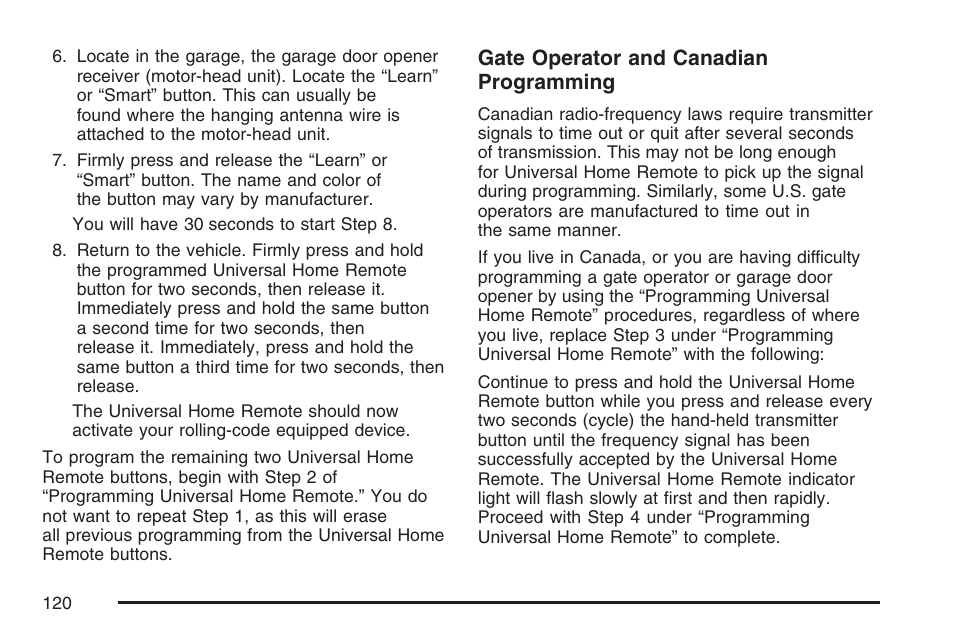 Gate operator and canadian programming | Cadillac 2007 XLR User Manual | Page 120 / 512