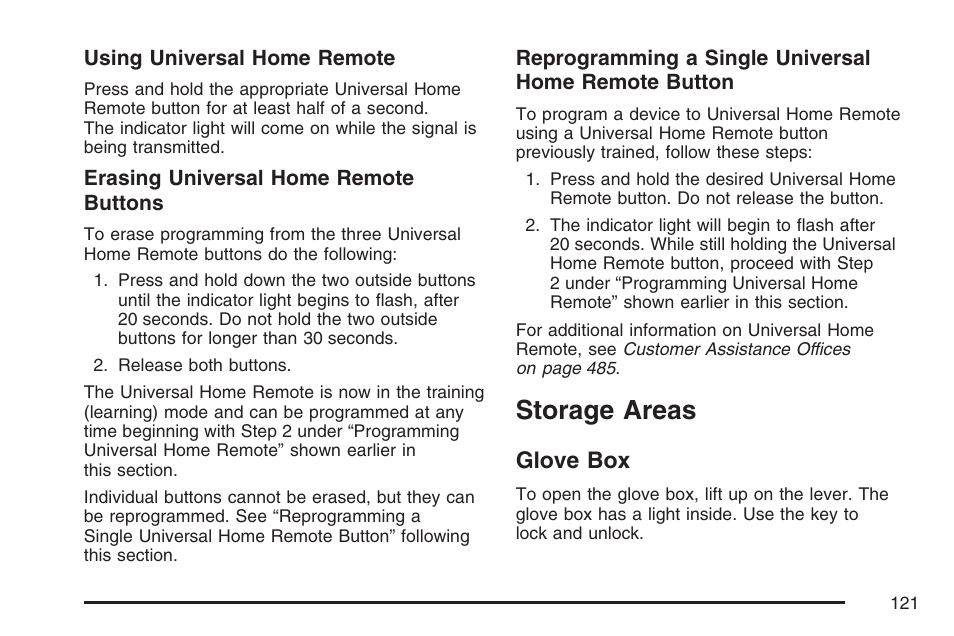 Storage areas, Glove box | Cadillac 2007 XLR User Manual | Page 121 / 512