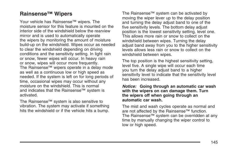 Rainsense™ wipers | Cadillac 2007 XLR User Manual | Page 145 / 512