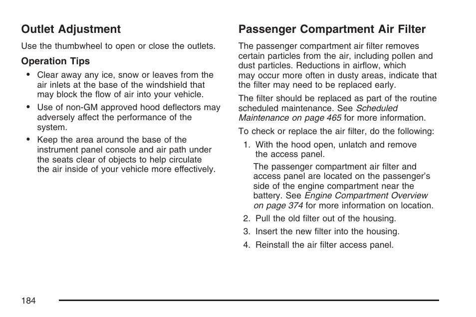 Outlet adjustment, Passenger compartment air filter, Outlet adjustment passenger compartment air filter | Cadillac 2007 XLR User Manual | Page 184 / 512