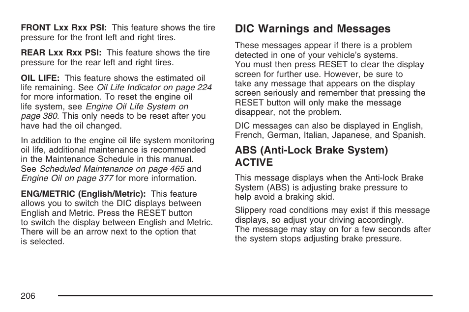 Dic warnings and messages | Cadillac 2007 XLR User Manual | Page 206 / 512