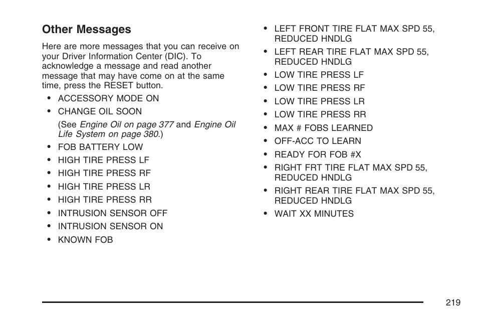 Other messages | Cadillac 2007 XLR User Manual | Page 219 / 512