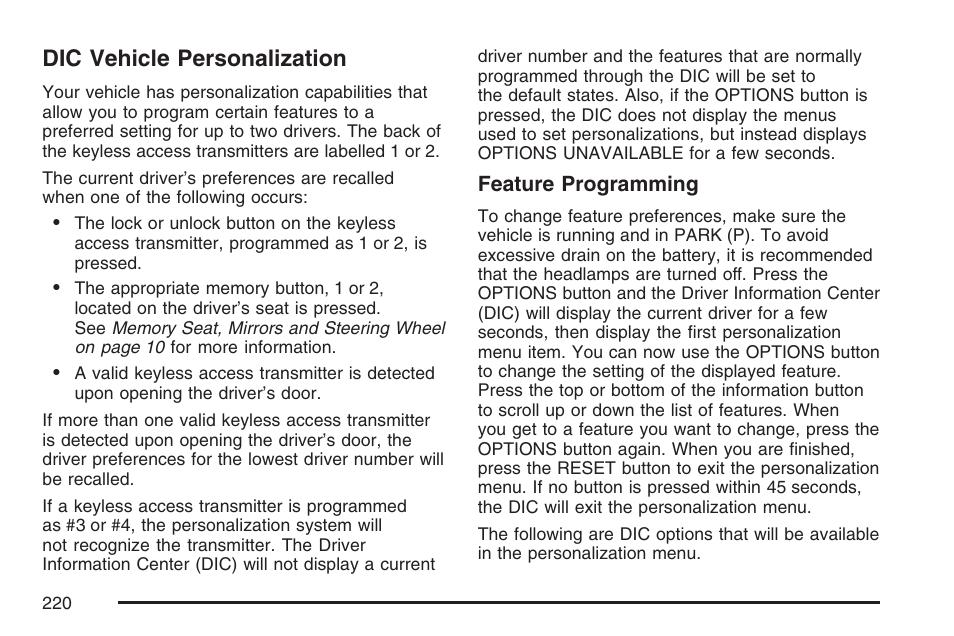 Dic vehicle personalization | Cadillac 2007 XLR User Manual | Page 220 / 512