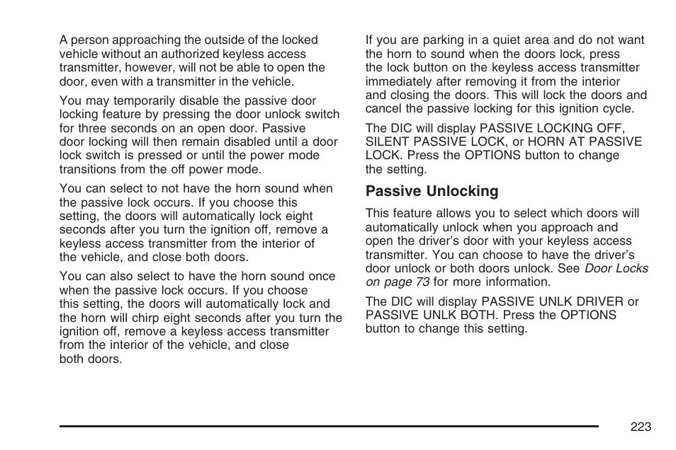 Passive unlocking | Cadillac 2007 XLR User Manual | Page 223 / 512