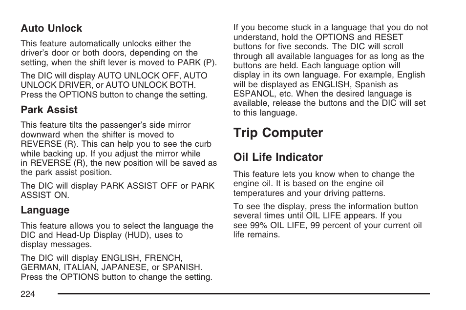 Trip computer, Oil life indicator | Cadillac 2007 XLR User Manual | Page 224 / 512