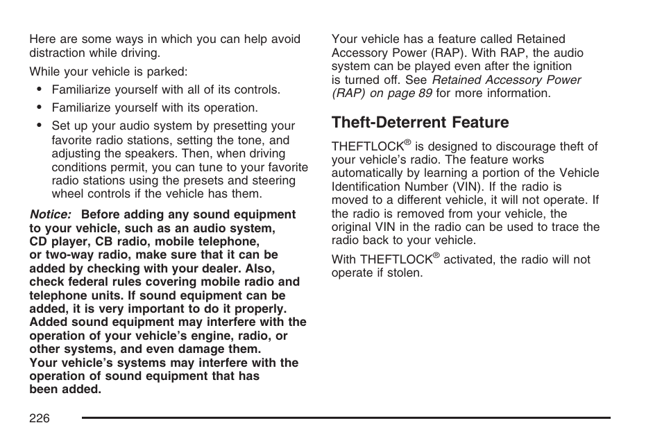 Theft-deterrent feature | Cadillac 2007 XLR User Manual | Page 226 / 512