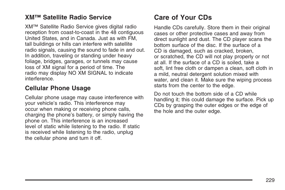 Care of your cds | Cadillac 2007 XLR User Manual | Page 229 / 512