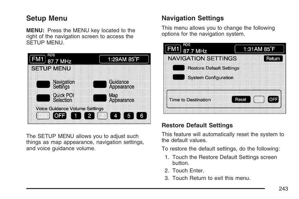 Setup menu | Cadillac 2007 XLR User Manual | Page 243 / 512